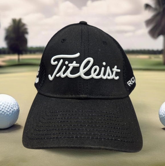 Titleist Other - Titleist FJ Pro V1 Black Golfing Casual Hat Sz Med To Large White Lettering Mesh